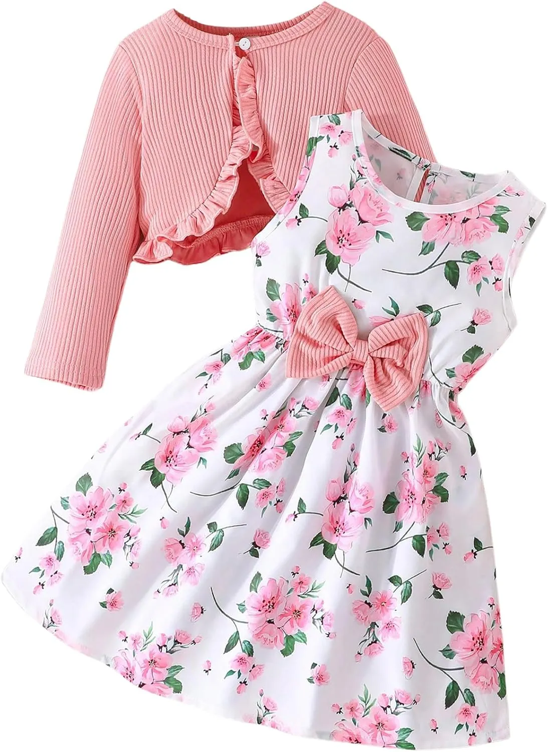 GORGLITTER Girl's Floral Print Bow Sleeveless Crew Neck Flowy Summer Easter Mini Dress with Boleros Shrugs Cardigans