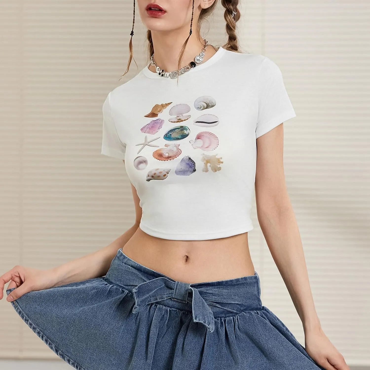 Graphic Baby Tees for Women Y2k Tops Teen Girls Fruit Print Crop Tops Coastal Summer Clothes Vintage Aesthetic T Shirt