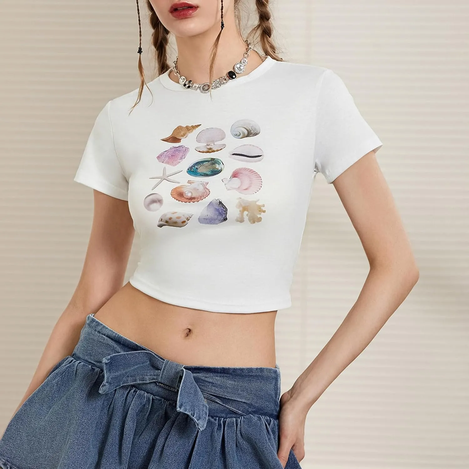 Graphic Baby Tees for Women Y2k Tops Teen Girls Fruit Print Crop Tops Coastal Summer Clothes Vintage Aesthetic T Shirt