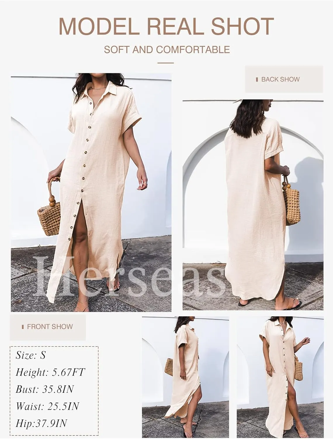 Herseas Womens Casual Short Sleeve Button Down Dress Side Split Long Kimonos Cardigans Swimsuit Cover Ups Beach Dress