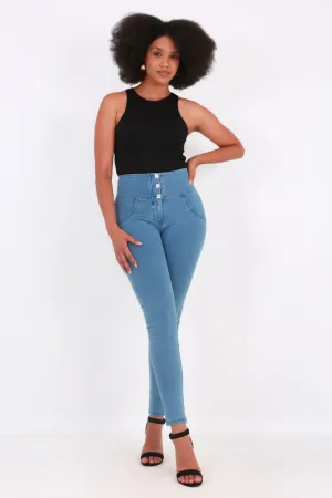 High waist Button up Butt lifting Shaping jeans Jeggings - Light Blue
