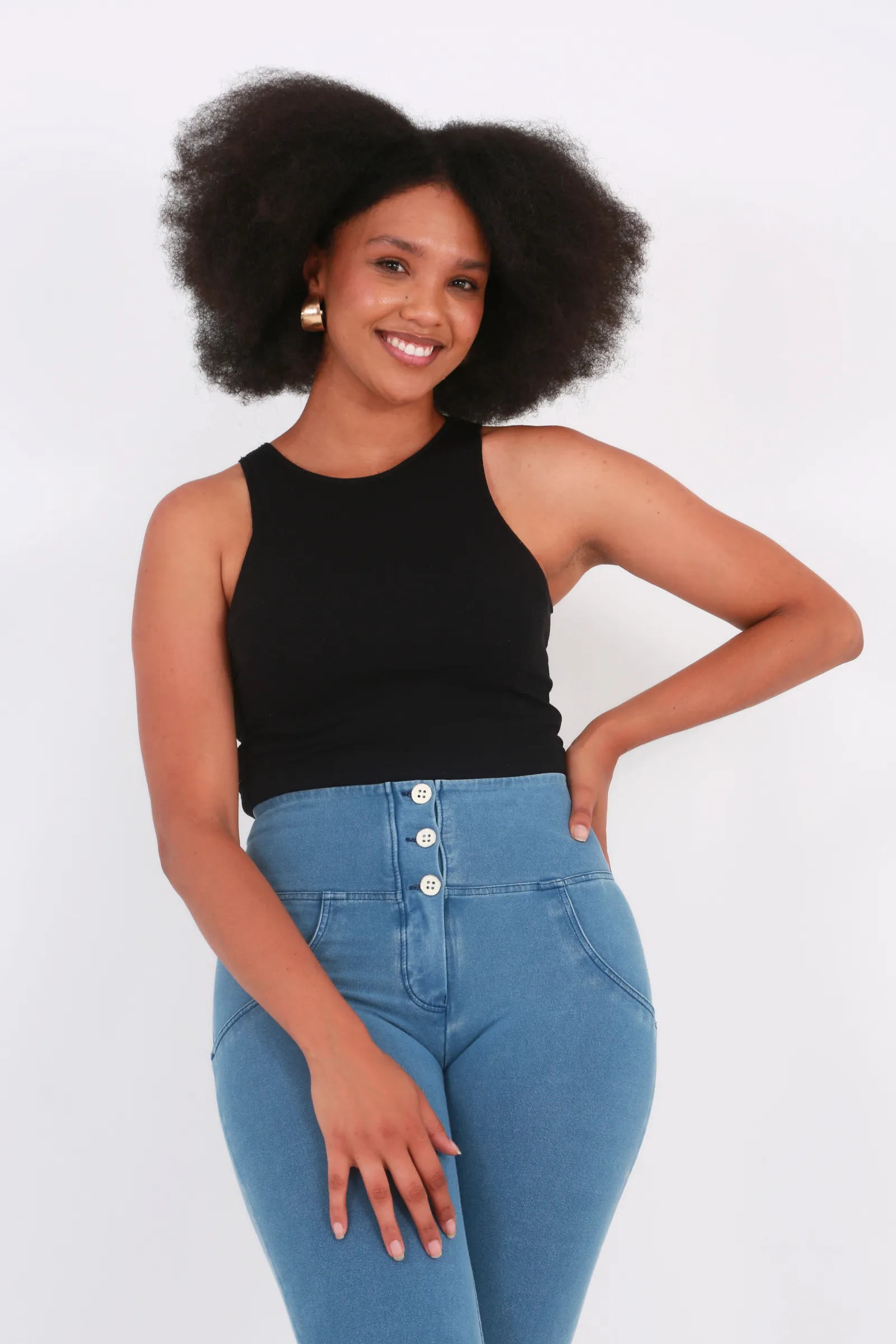 High waist Button up Butt lifting Shaping jeans Jeggings - Light Blue