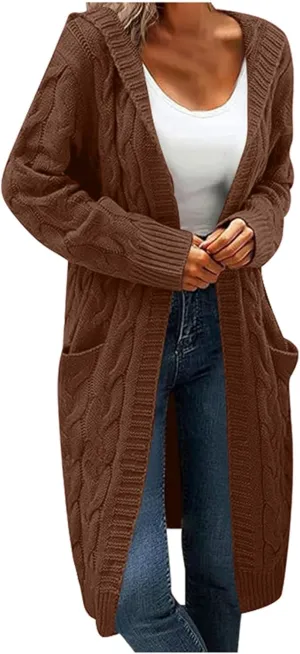 Hooded Open Front Cardigan for Women Cable Knit Sweaters Pocketed Oversized Knee Length Long Coats