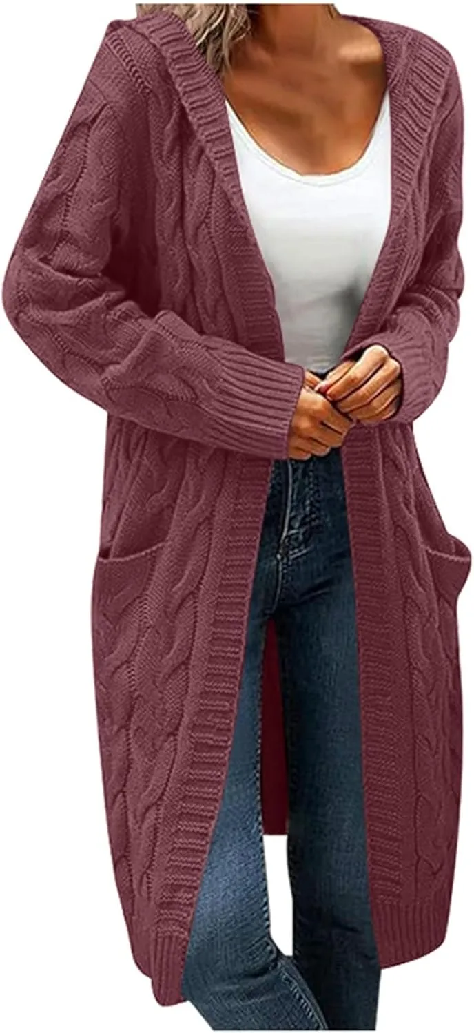 Hooded Open Front Cardigan for Women Cable Knit Sweaters Pocketed Oversized Knee Length Long Coats