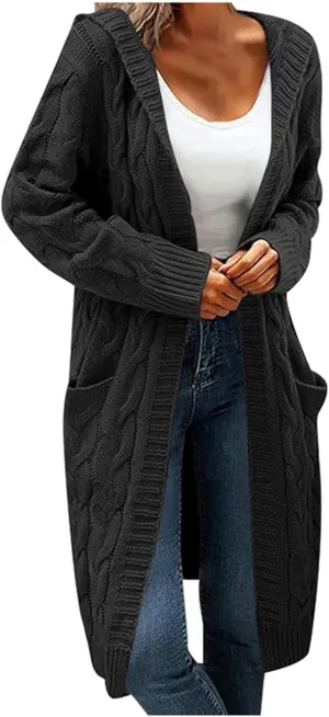 Hooded Open Front Cardigan for Women Cable Knit Sweaters Pocketed Oversized Knee Length Long Coats