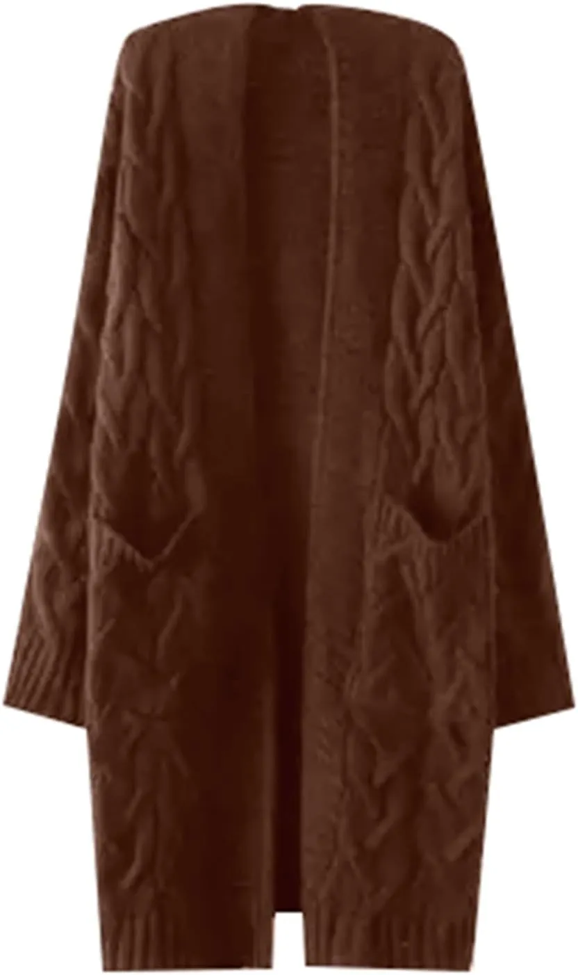 Hooded Open Front Cardigan for Women Cable Knit Sweaters Pocketed Oversized Knee Length Long Coats