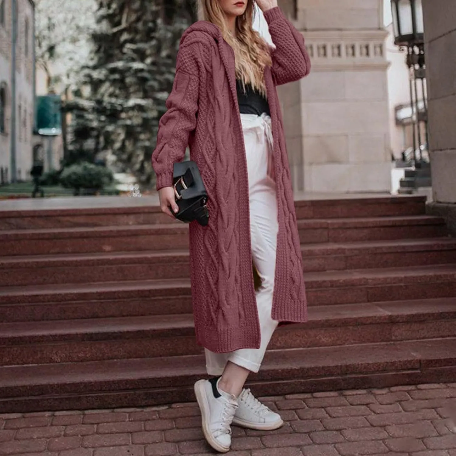 Hooded Open Front Cardigan for Women Cable Knit Sweaters Pocketed Oversized Knee Length Long Coats