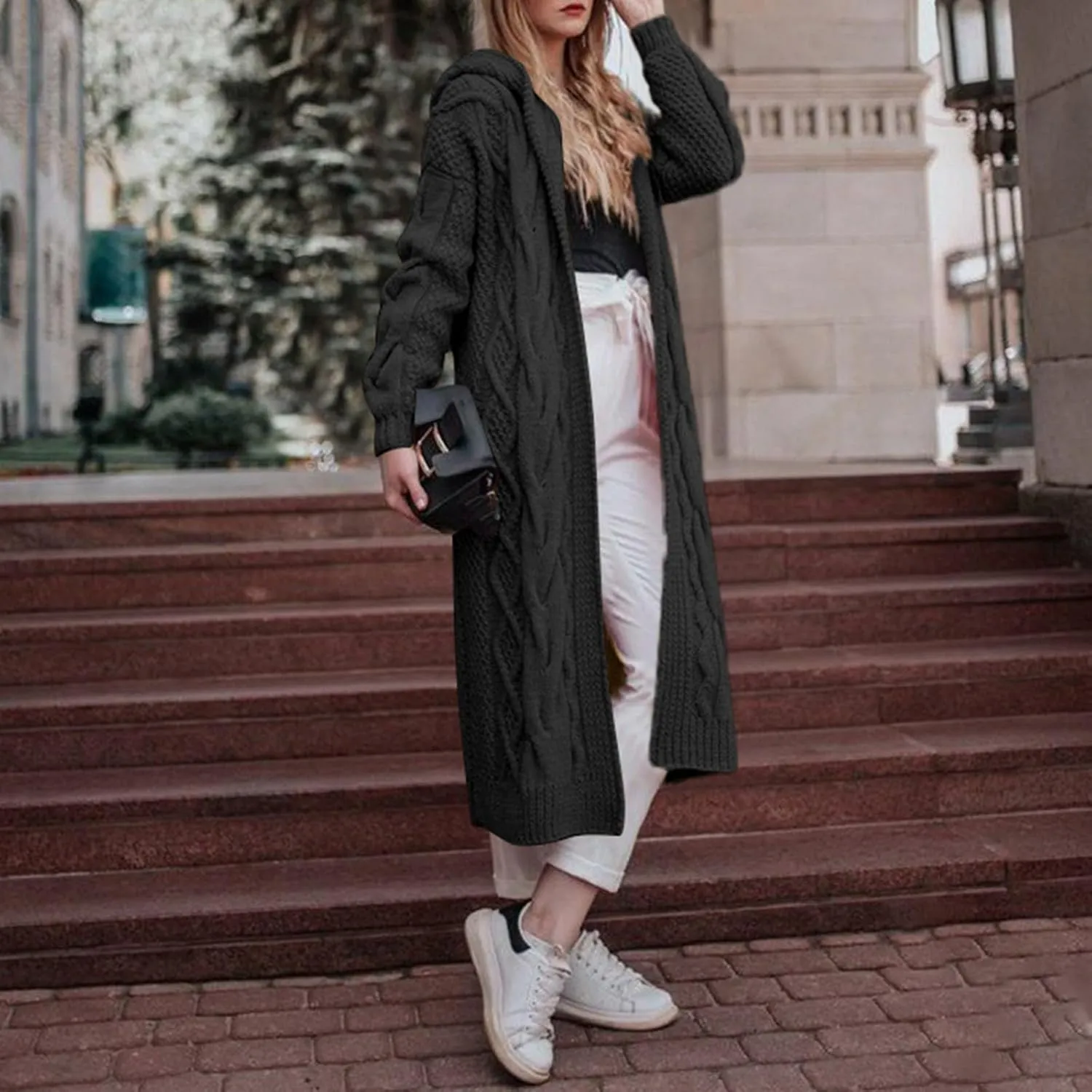 Hooded Open Front Cardigan for Women Cable Knit Sweaters Pocketed Oversized Knee Length Long Coats
