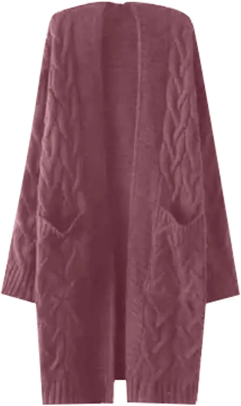 Hooded Open Front Cardigan for Women Cable Knit Sweaters Pocketed Oversized Knee Length Long Coats