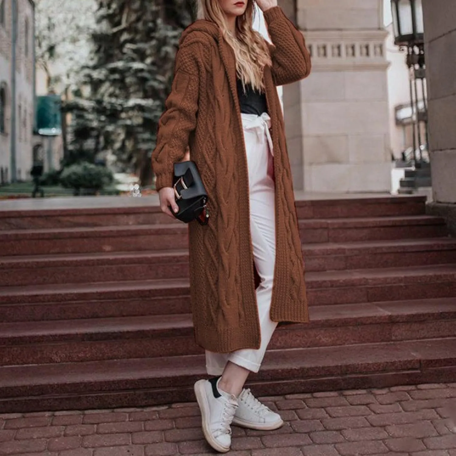 Hooded Open Front Cardigan for Women Cable Knit Sweaters Pocketed Oversized Knee Length Long Coats