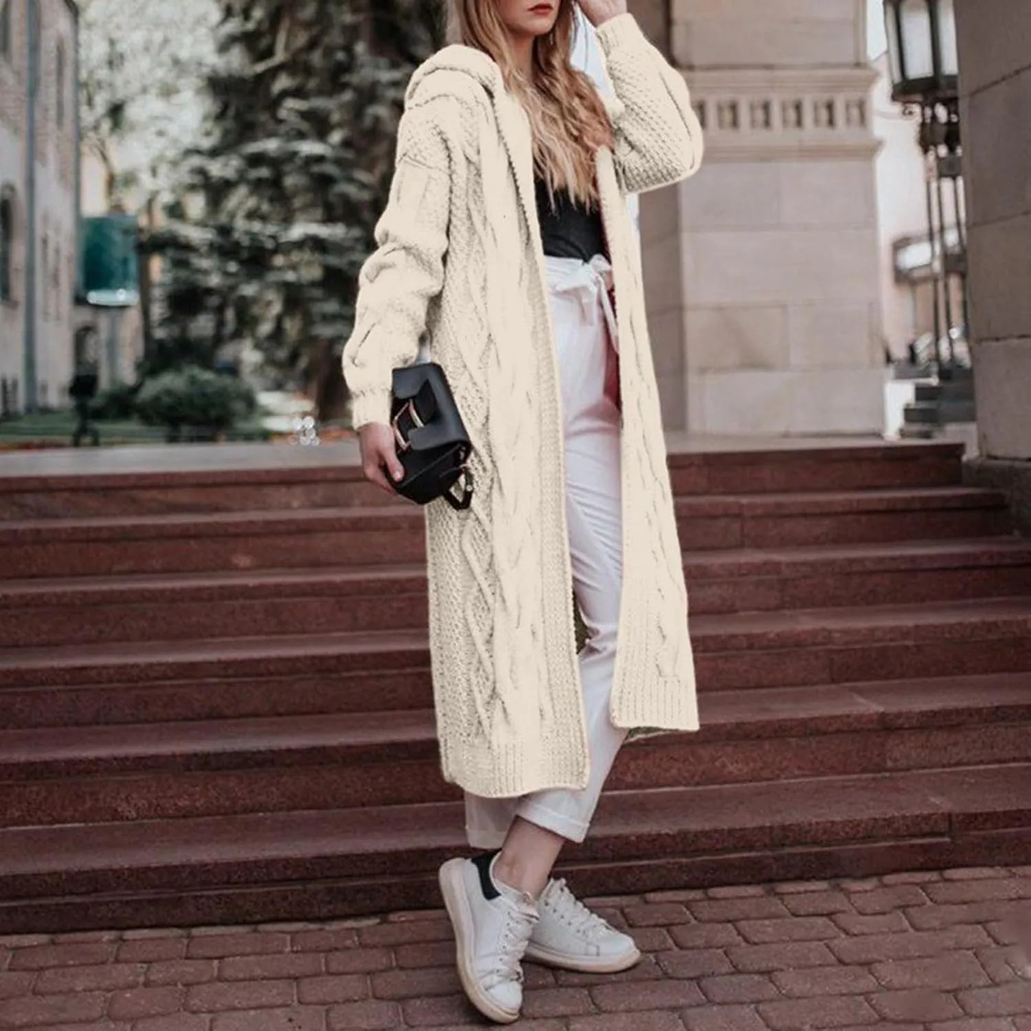 Hooded Open Front Cardigan for Women Cable Knit Sweaters Pocketed Oversized Knee Length Long Coats