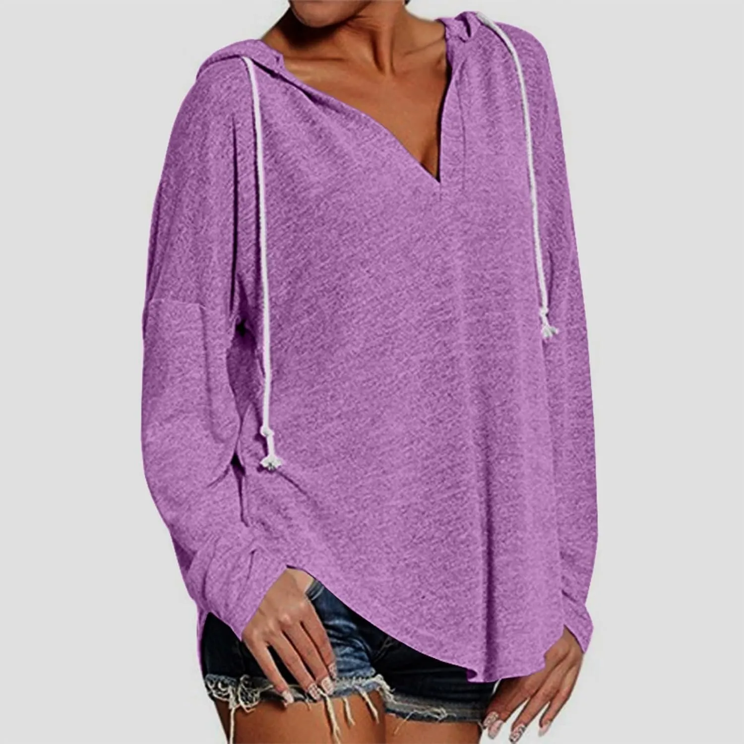 Hoodies for Women Trendy Winter Vneck Sweatshirts Oversized Long Sleeve Tshirts Loose Fit Plain Color Sweatshirts