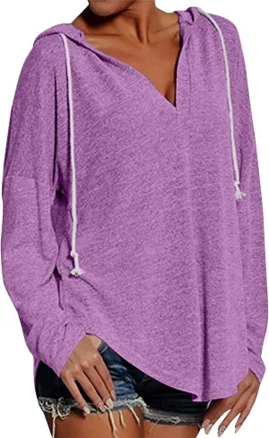 Hoodies for Women Trendy Winter Vneck Sweatshirts Oversized Long Sleeve Tshirts Loose Fit Plain Color Sweatshirts