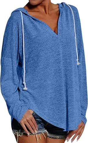 Hoodies for Women Trendy Winter Vneck Sweatshirts Oversized Long Sleeve Tshirts Loose Fit Plain Color Sweatshirts