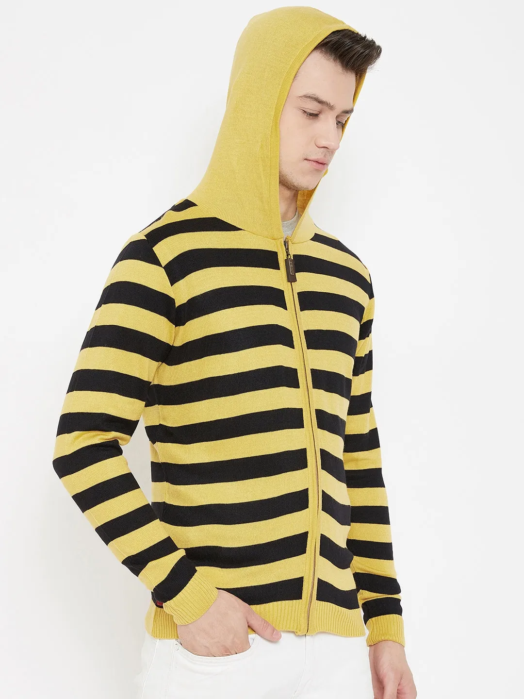 JUMP USA Men Yellow Striped Hood Casual Front-Open Sweaters
