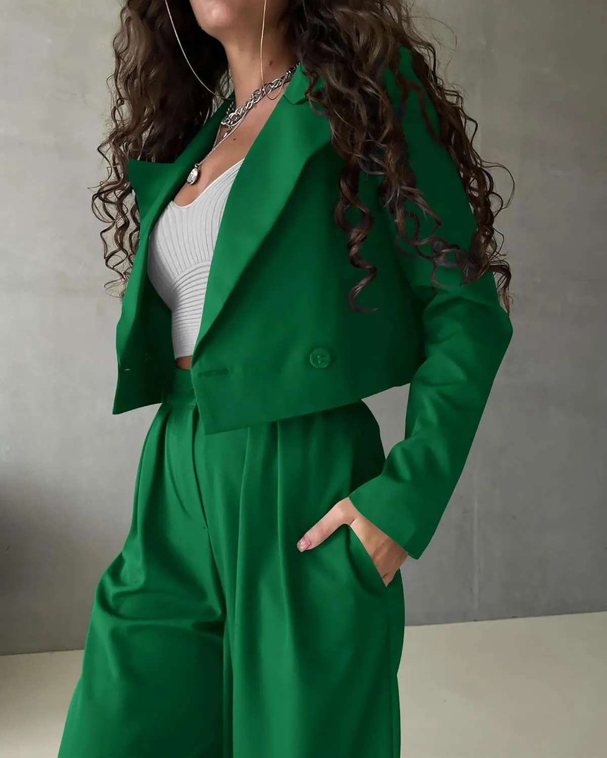KIRUNDO Women's Two Piece Outfits Business Casual Cropped Blazer Jackets and Wide Leg Pants Suit Sets Work Clothes