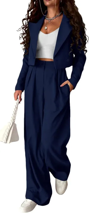 KIRUNDO Women's Two Piece Outfits Business Casual Cropped Blazer Jackets and Wide Leg Pants Suit Sets Work Clothes