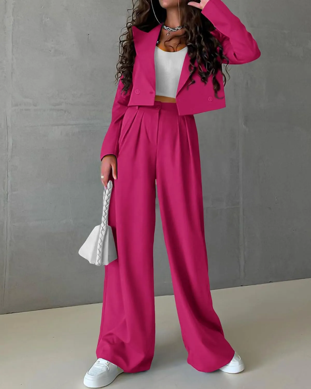 KIRUNDO Women's Two Piece Outfits Business Casual Cropped Blazer Jackets and Wide Leg Pants Suit Sets Work Clothes
