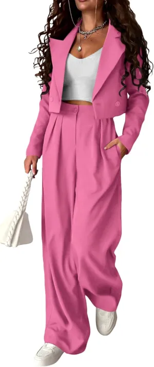 KIRUNDO Women's Two Piece Outfits Business Casual Cropped Blazer Jackets and Wide Leg Pants Suit Sets Work Clothes