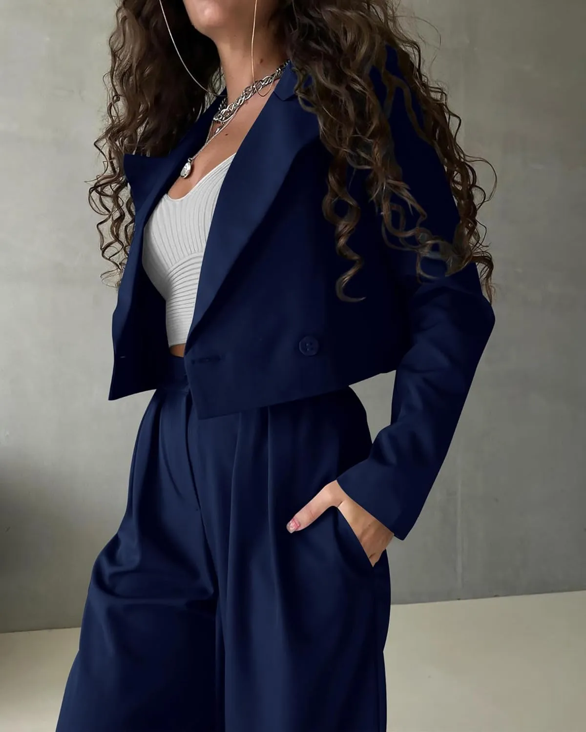 KIRUNDO Women's Two Piece Outfits Business Casual Cropped Blazer Jackets and Wide Leg Pants Suit Sets Work Clothes