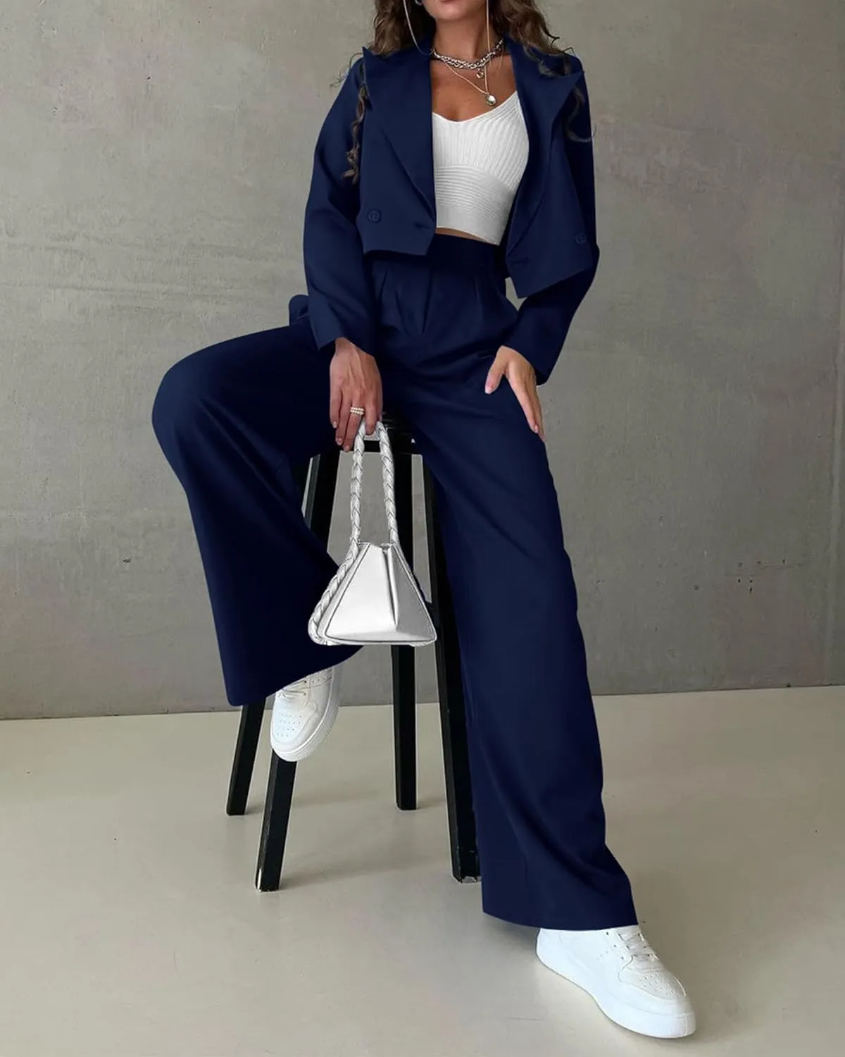 KIRUNDO Women's Two Piece Outfits Business Casual Cropped Blazer Jackets and Wide Leg Pants Suit Sets Work Clothes