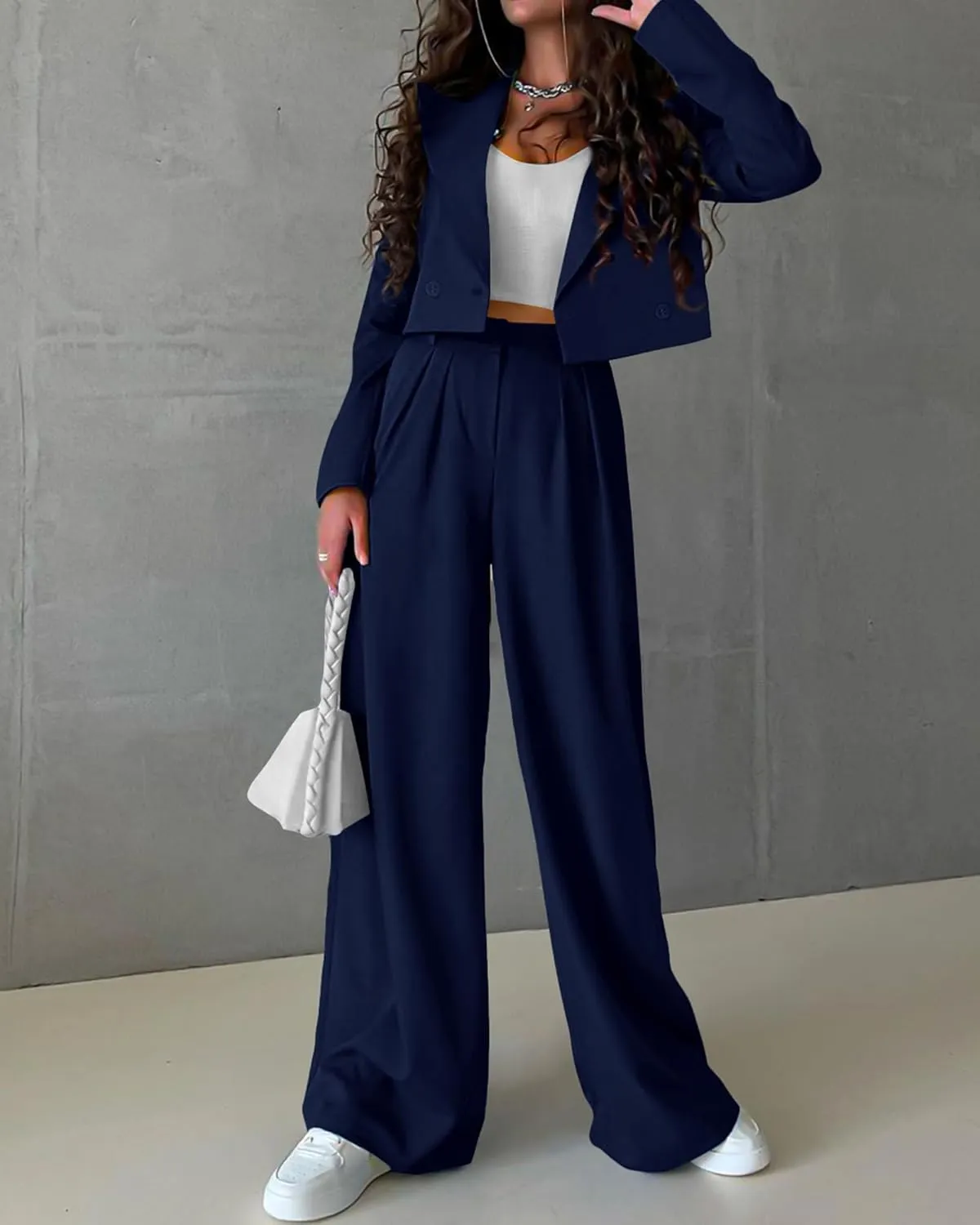 KIRUNDO Women's Two Piece Outfits Business Casual Cropped Blazer Jackets and Wide Leg Pants Suit Sets Work Clothes