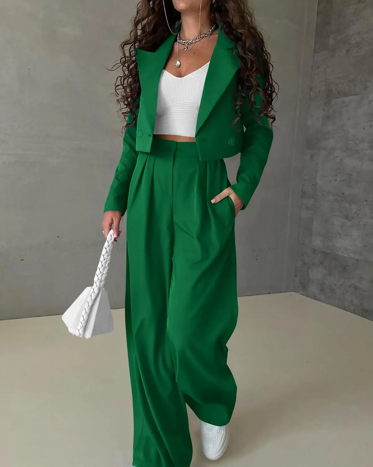 KIRUNDO Women's Two Piece Outfits Business Casual Cropped Blazer Jackets and Wide Leg Pants Suit Sets Work Clothes