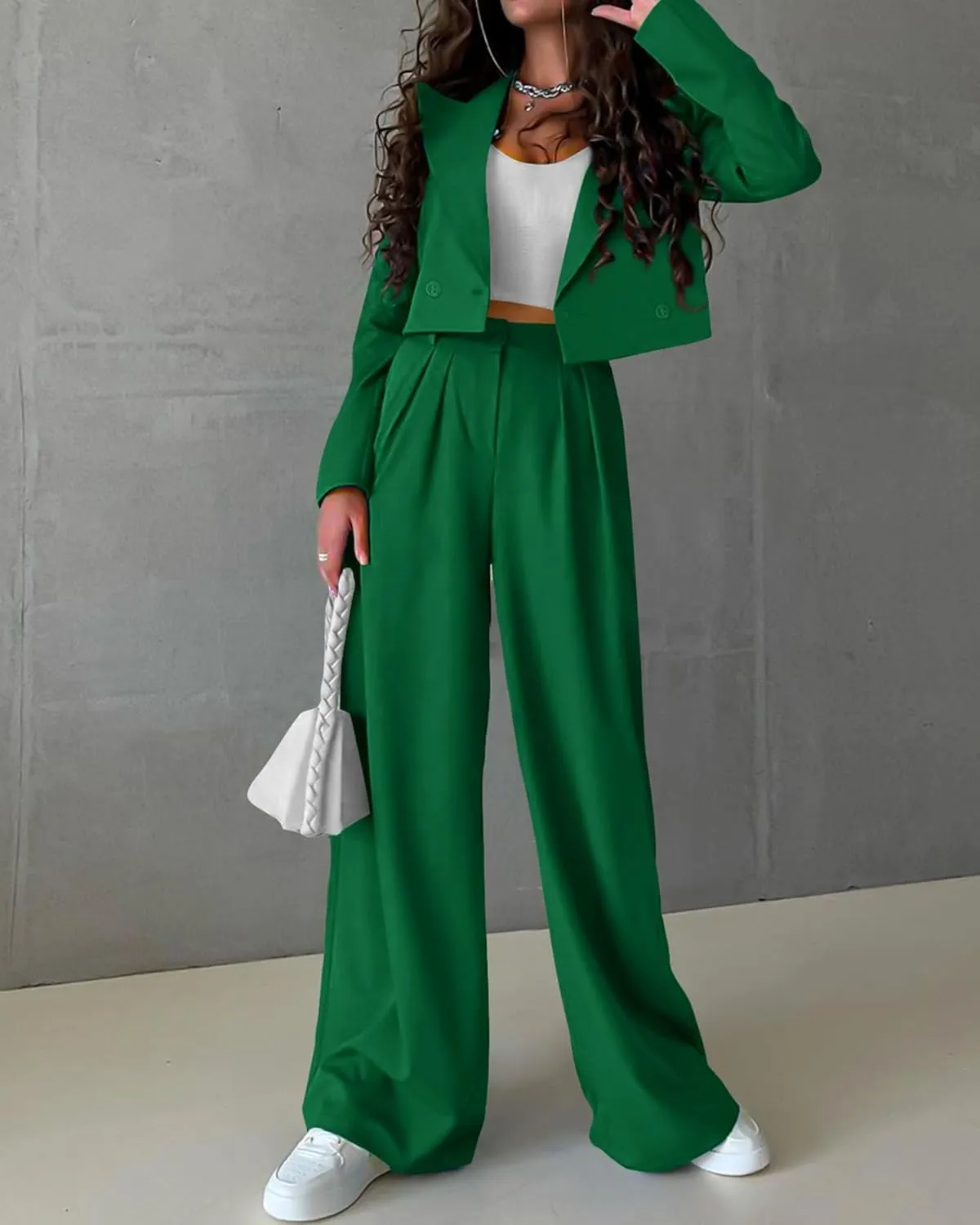KIRUNDO Women's Two Piece Outfits Business Casual Cropped Blazer Jackets and Wide Leg Pants Suit Sets Work Clothes