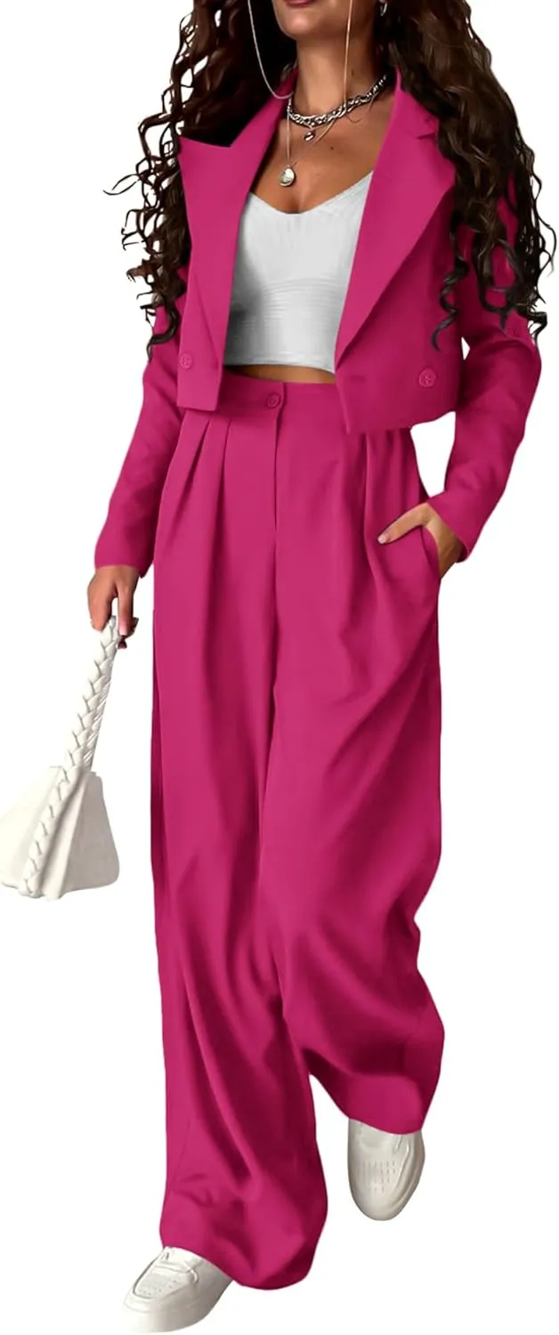KIRUNDO Women's Two Piece Outfits Business Casual Cropped Blazer Jackets and Wide Leg Pants Suit Sets Work Clothes