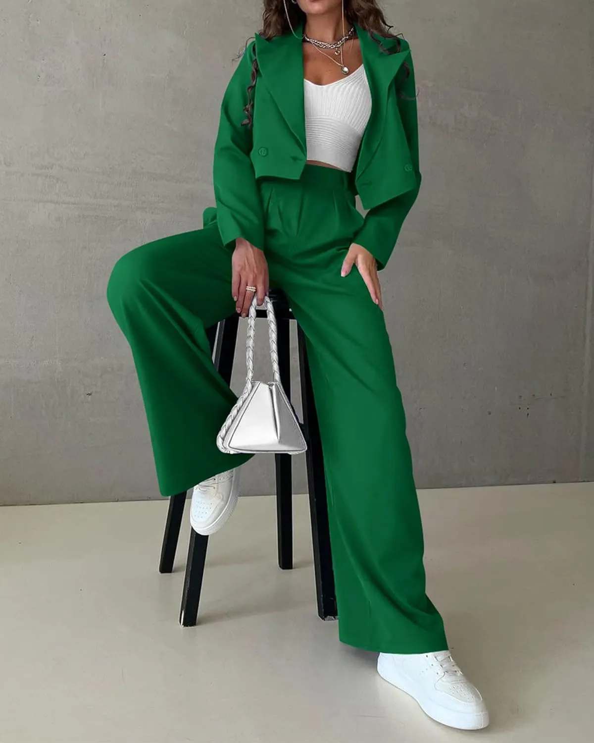 KIRUNDO Women's Two Piece Outfits Business Casual Cropped Blazer Jackets and Wide Leg Pants Suit Sets Work Clothes