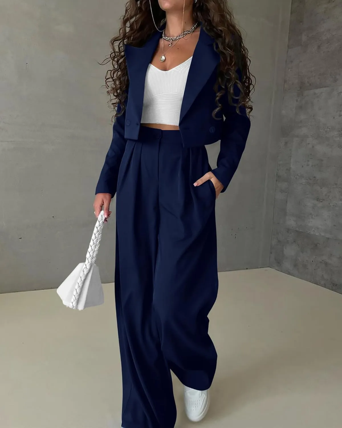 KIRUNDO Women's Two Piece Outfits Business Casual Cropped Blazer Jackets and Wide Leg Pants Suit Sets Work Clothes