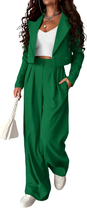 KIRUNDO Women's Two Piece Outfits Business Casual Cropped Blazer Jackets and Wide Leg Pants Suit Sets Work Clothes