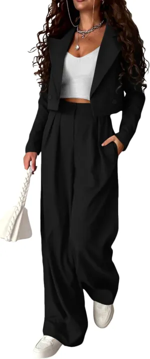KIRUNDO Women's Two Piece Outfits Business Casual Cropped Blazer Jackets and Wide Leg Pants Suit Sets Work Clothes