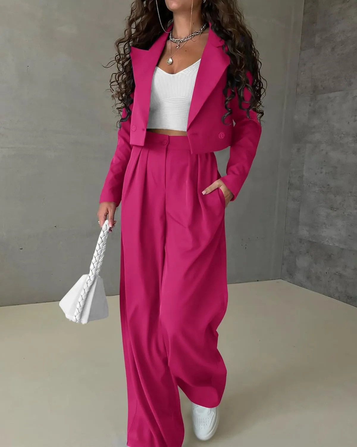 KIRUNDO Women's Two Piece Outfits Business Casual Cropped Blazer Jackets and Wide Leg Pants Suit Sets Work Clothes