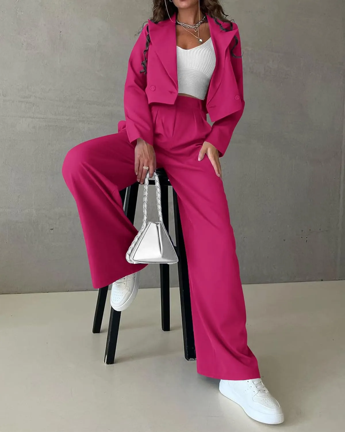 KIRUNDO Women's Two Piece Outfits Business Casual Cropped Blazer Jackets and Wide Leg Pants Suit Sets Work Clothes