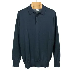Knit long sleeve polo in petrol melange merino wool