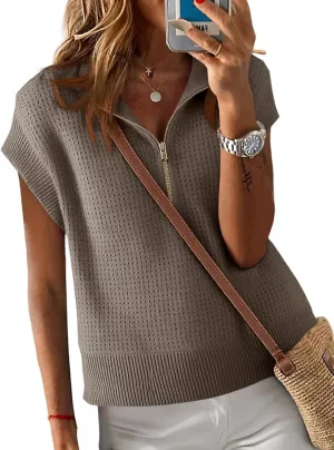 Langwyqu Womens Short Sleeve Cropped Knit Tops Half Zip Cap Sleeve Lightweight Oversized Sweater Vest