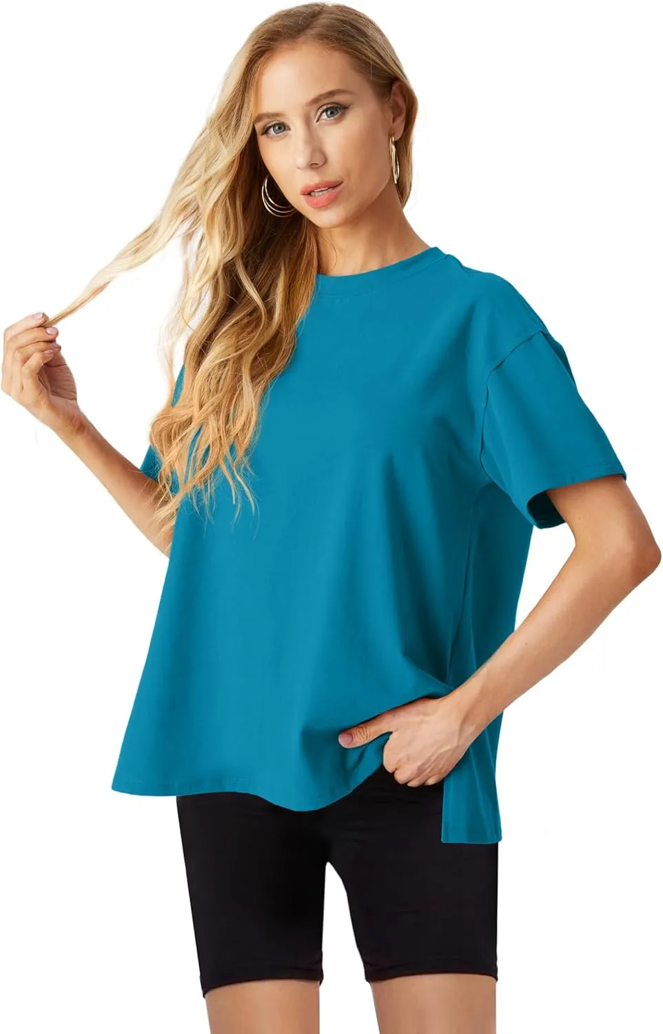 Lepunuo Oversized T Shirts for Women Summer Tops 2024 Trendy Cotton Casual Loose Fit Short Sleeve Side Slit Tee Shirts