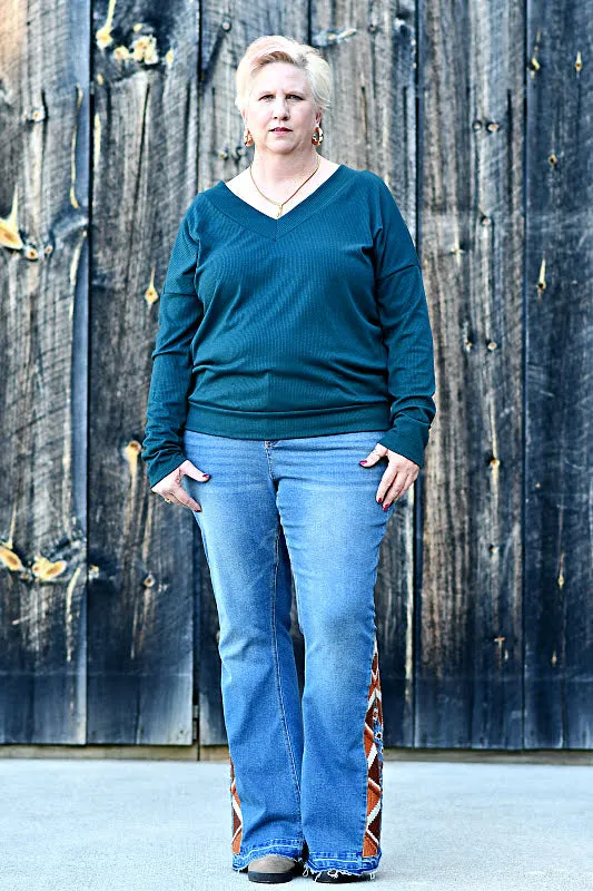 Long Sleeve Ribbed Knit Top in Teal