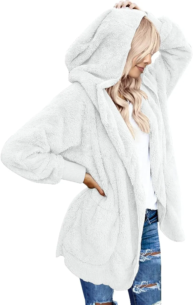 LookbookStore Womens Cardigan 2024 Winter Oversized Open Front Fleece Hooded Draped Pockets Jacket Coats