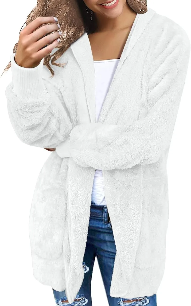 LookbookStore Womens Cardigan 2024 Winter Oversized Open Front Fleece Hooded Draped Pockets Jacket Coats