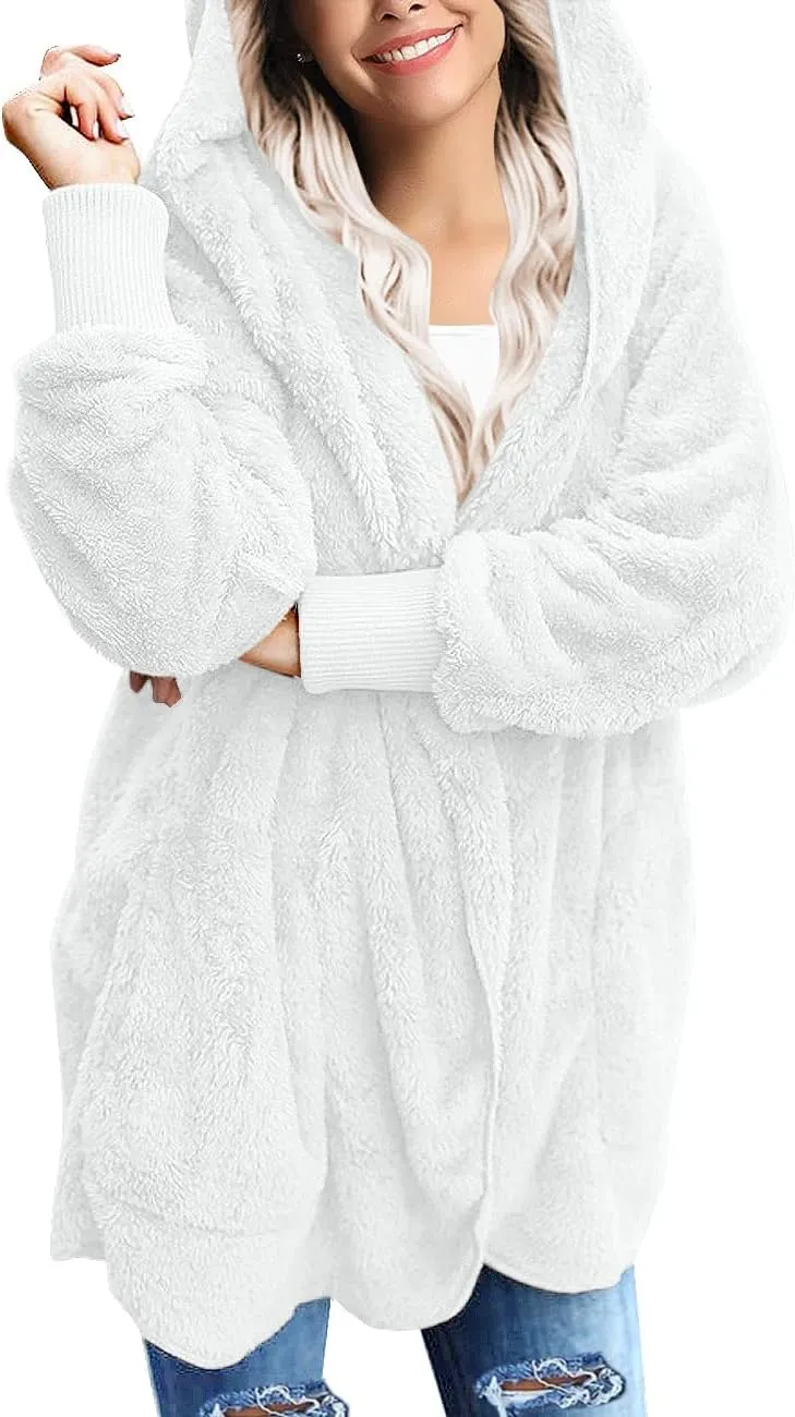 LookbookStore Womens Cardigan 2024 Winter Oversized Open Front Fleece Hooded Draped Pockets Jacket Coats