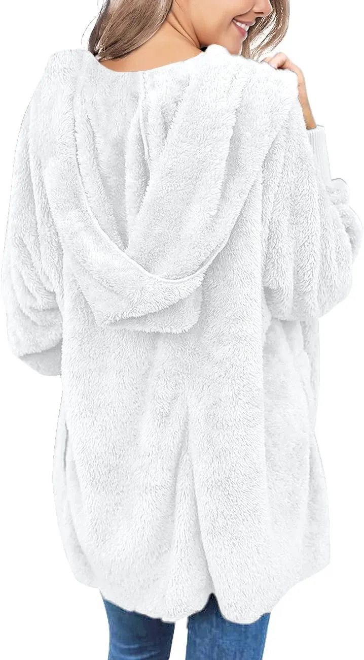 LookbookStore Womens Cardigan 2024 Winter Oversized Open Front Fleece Hooded Draped Pockets Jacket Coats