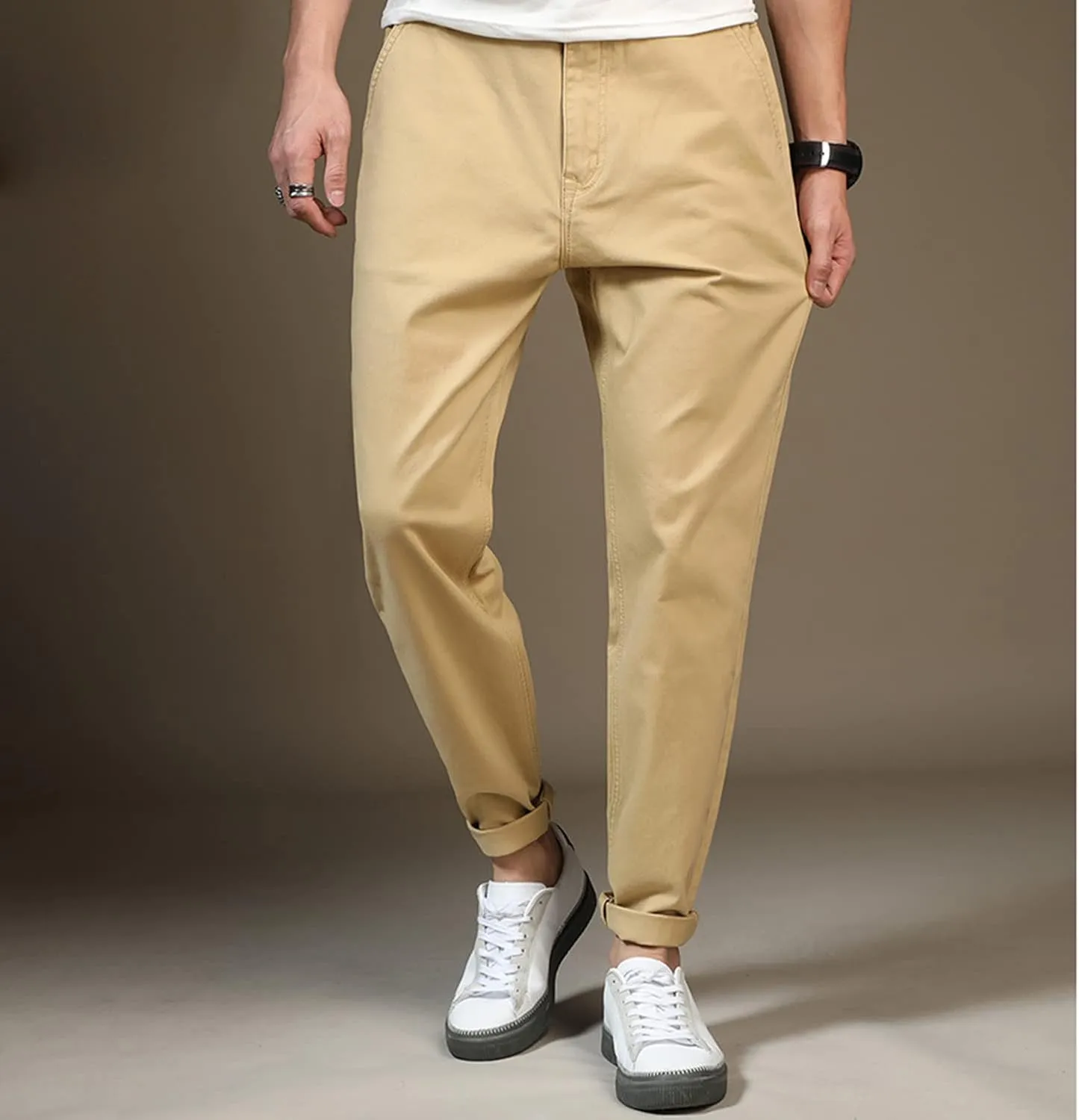 Lu's Chic Men's Chino Pants Cotton Lightweight Stretch Cuffed Slim Fit Tapered Fitted Trousers Casual Pants Streetwear