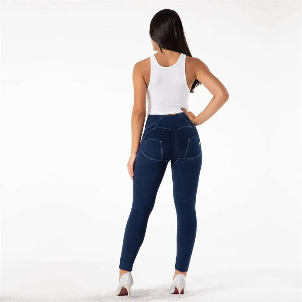 Melody Four Ways Stretchable High Waist Leggings 4 Buttons Fly Dark Blue Push Up Denim Jeggings Sexy Leggings For Women