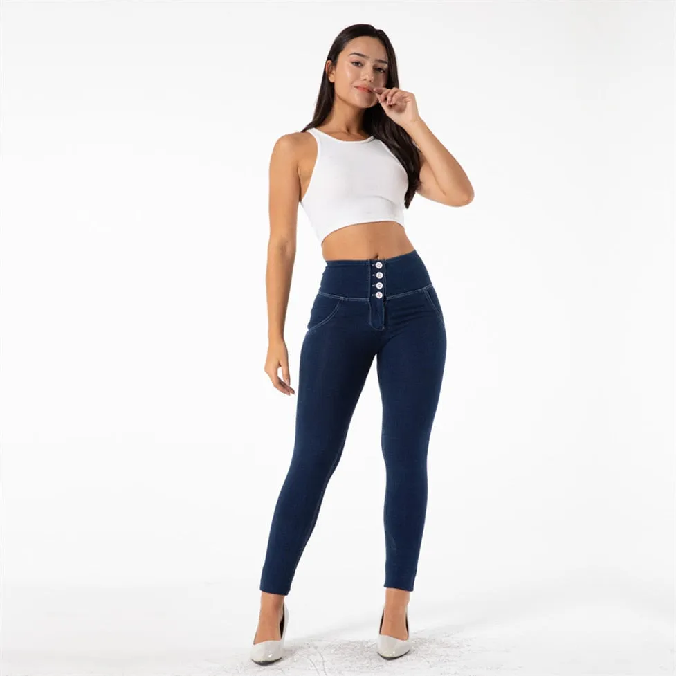 Melody Four Ways Stretchable High Waist Leggings 4 Buttons Fly Dark Blue Push Up Denim Jeggings Sexy Leggings For Women