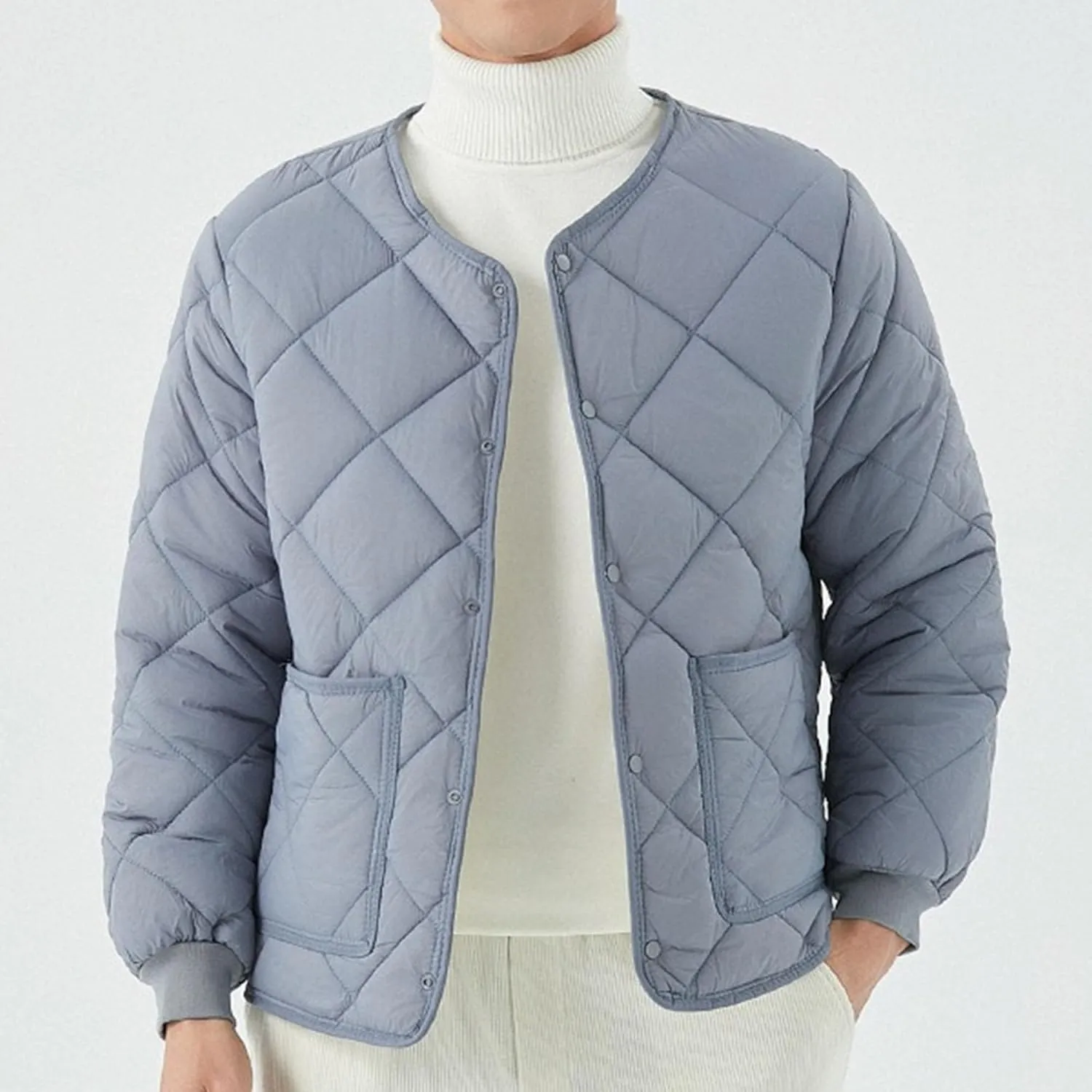 Mens Long-Sleeved Diamond Quilted Jacket Winter Warm Padded Coats Outwear Thicken Solid V Neck Cotton Coat