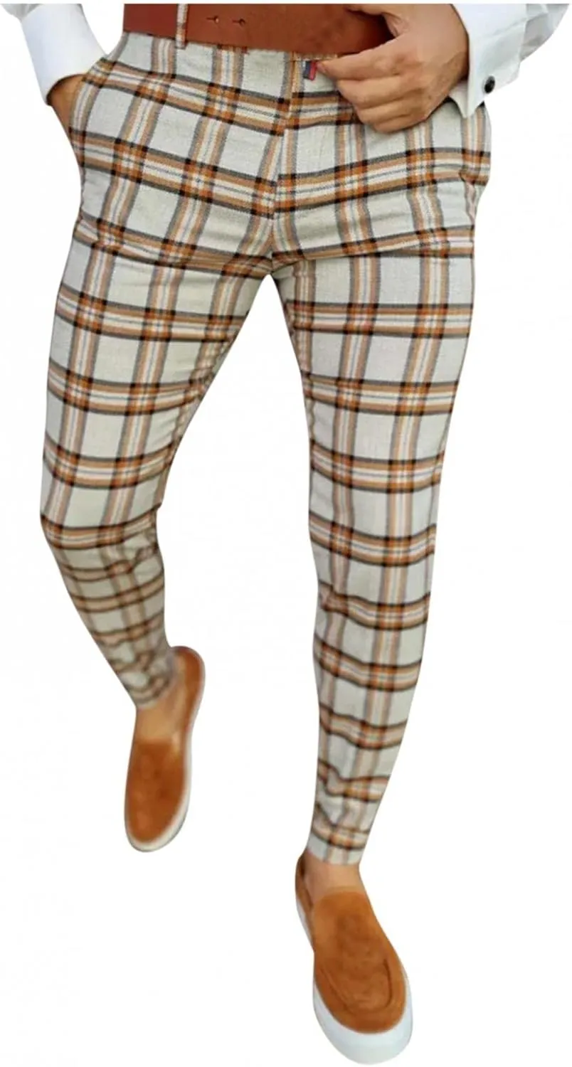 Men's Striped Dress Pants Slim Fit Stretch Checks Pattern Chino Business Trousers Plaid Slant Pocket Tapered Pants S-3XL