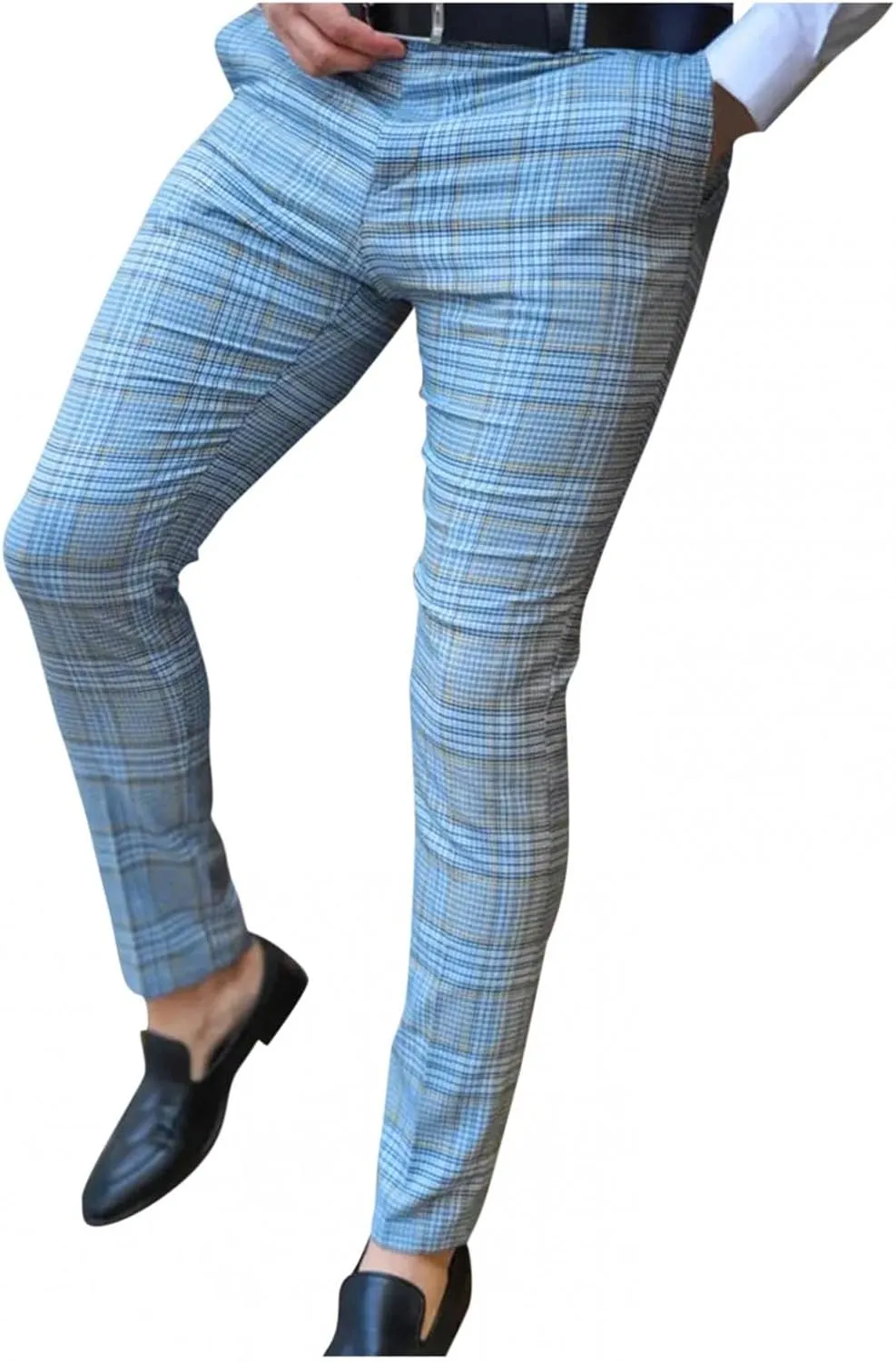 Men's Striped Dress Pants Slim Fit Stretch Checks Pattern Chino Business Trousers Plaid Slant Pocket Tapered Pants S-3XL