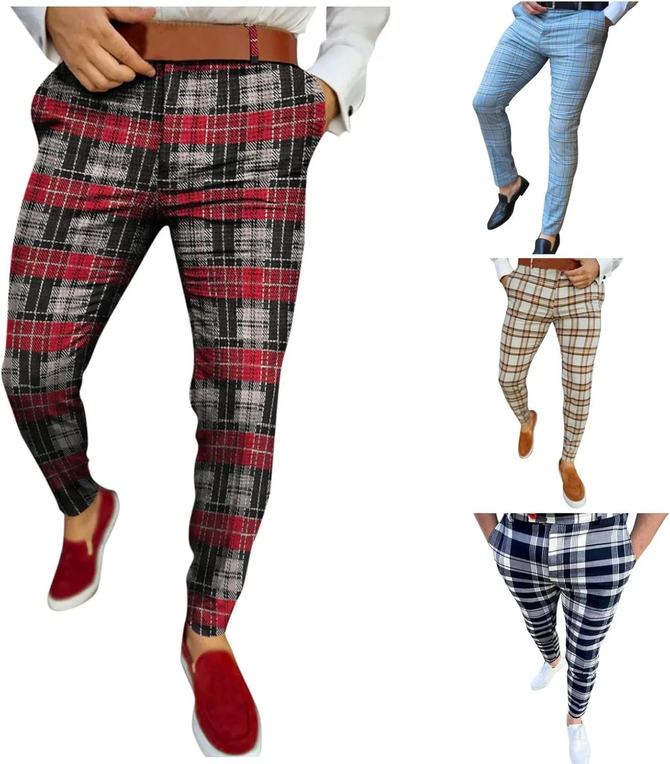Men's Striped Dress Pants Slim Fit Stretch Checks Pattern Chino Business Trousers Plaid Slant Pocket Tapered Pants S-3XL